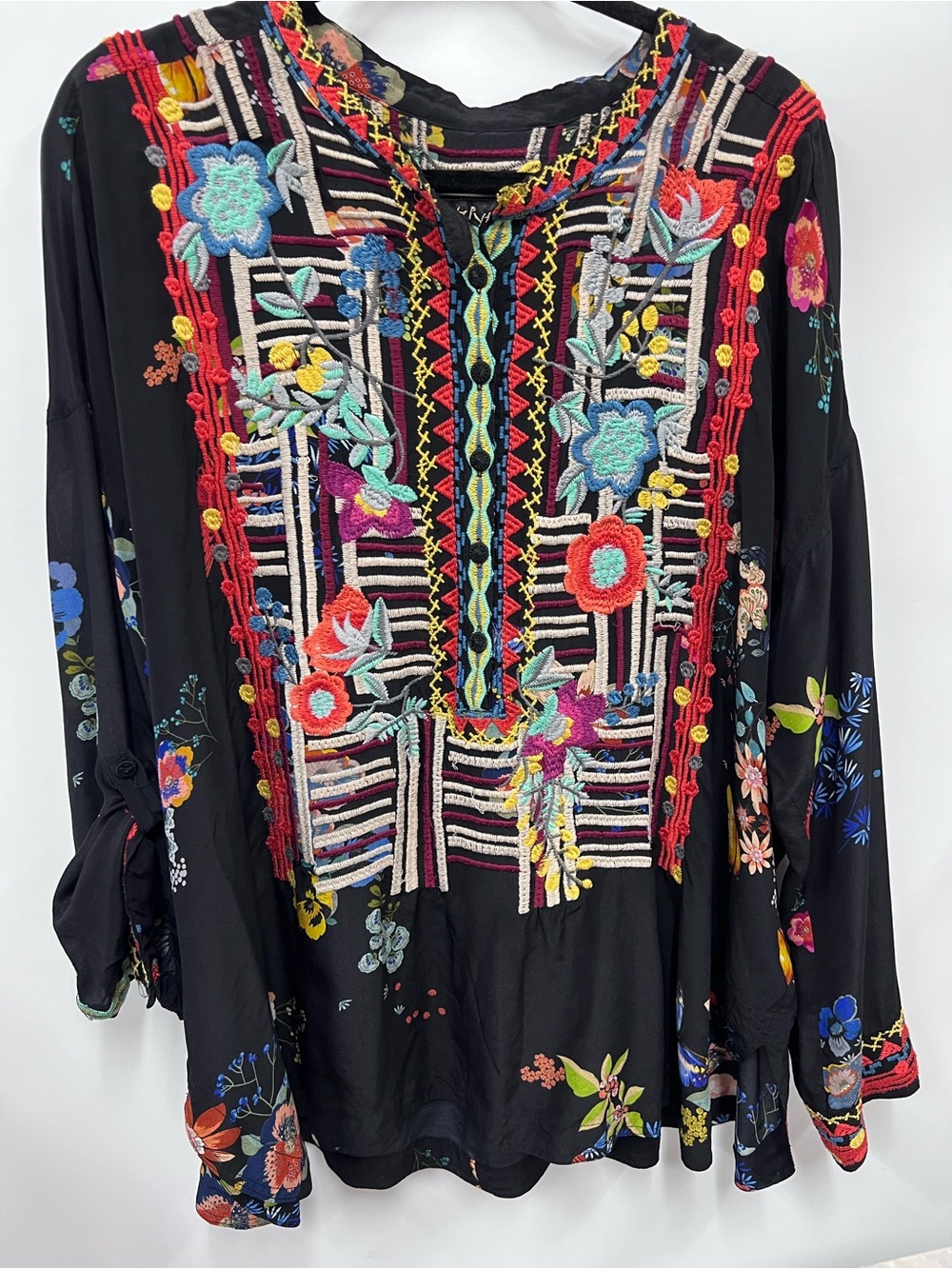 Johnny Was Biya Silk Bohemian Embroidered Black Floral long sleeve tunic Top xl
